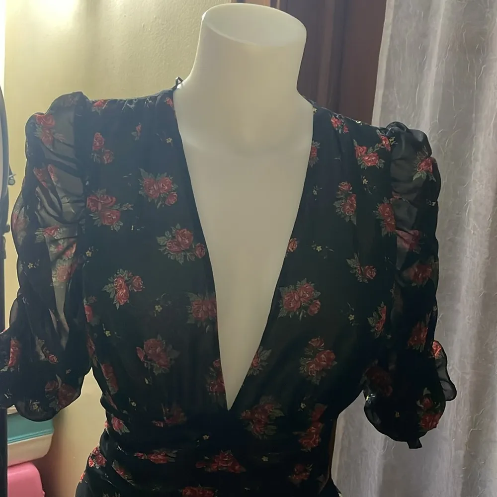 Zara Floral Ruched Mini Dress Mesh Ruffle Plunge V-Neck Puff Sleeve Size Small - Image 6
