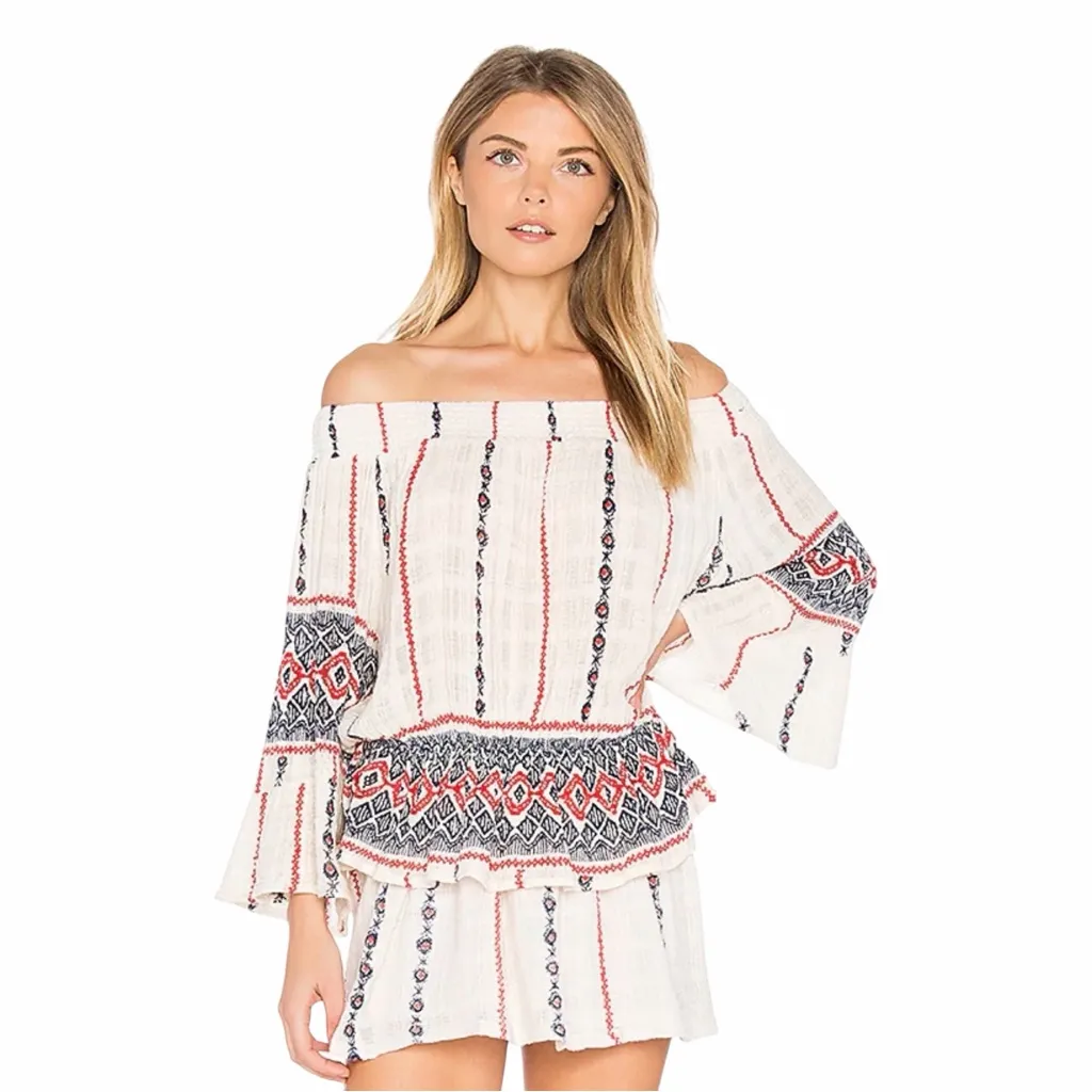 Raga Cream Gauze Amalia Embroidered Smocked Off The Shoulder Top size Small - Image 3