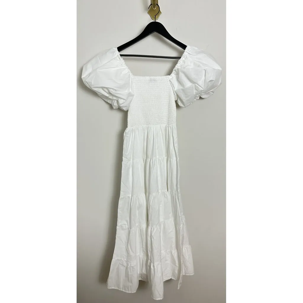 PETAL & PUP Annette Puff Sleeve Midi A-Line Dress in White Size Small - Image 8