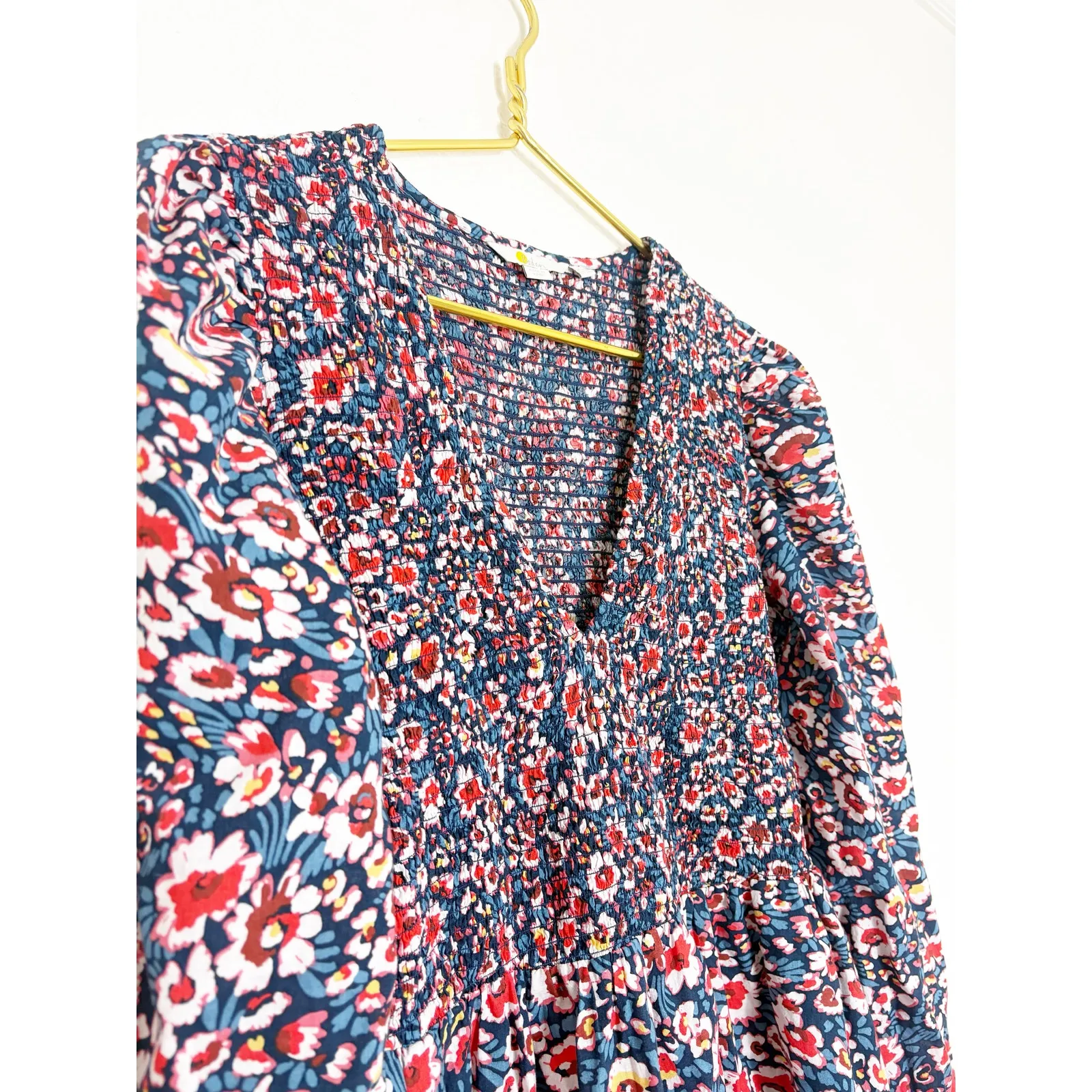 Boden Smocked Bodice Mini Dress Size 12L Blue Floral Long Sleeve Boho Preppy - Image 8