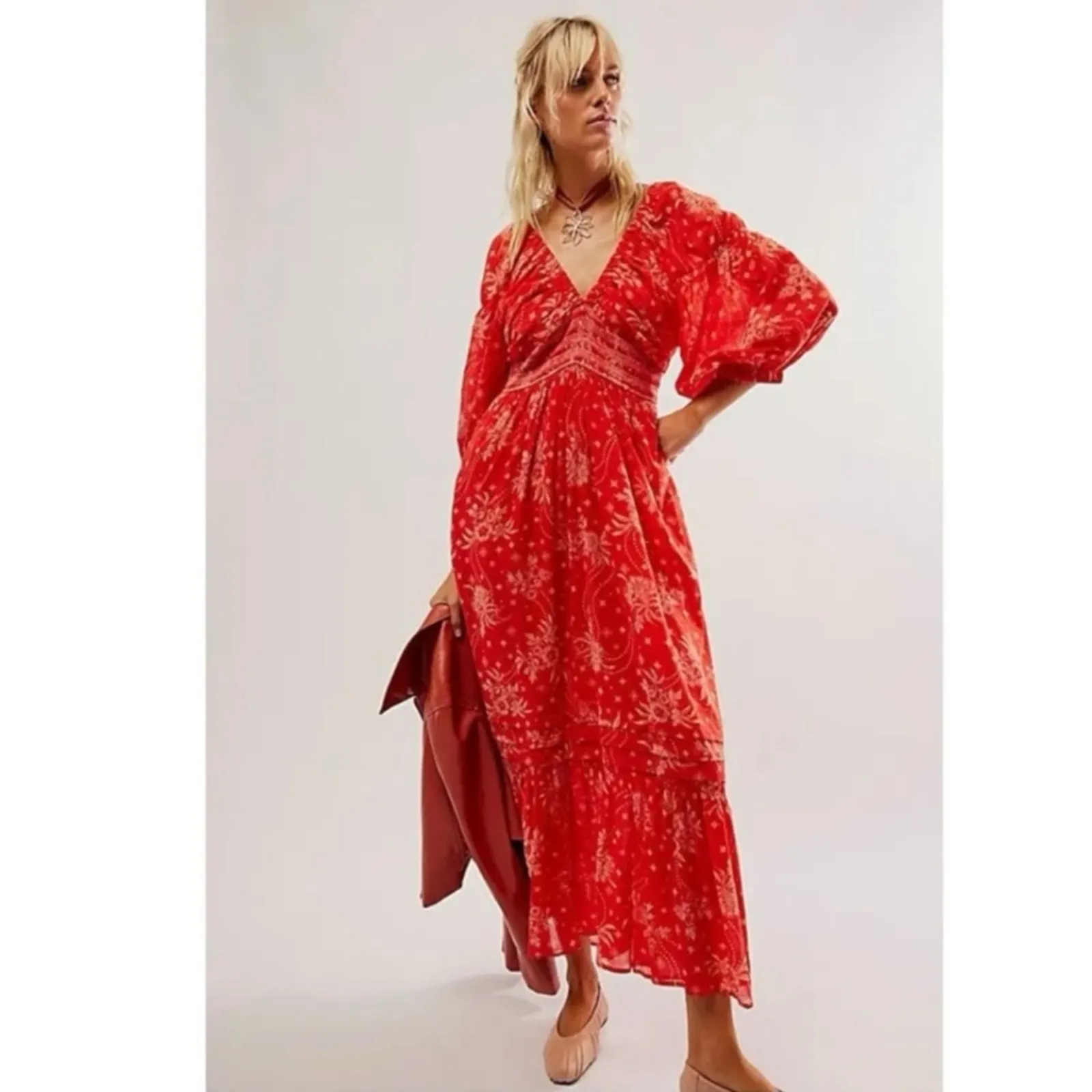 Free People Golden Hour Maxi Dress Cherry Red XL Bohemian Gypsy Retro 70s - Image 15