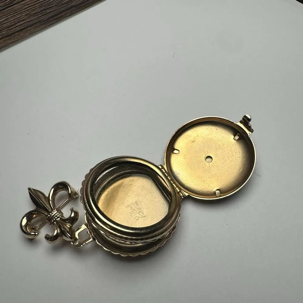 Coro Locket Dange Fleur De Lis Purple Pansy Flower Brooch Pin Gold Tone Vintage - Image 7