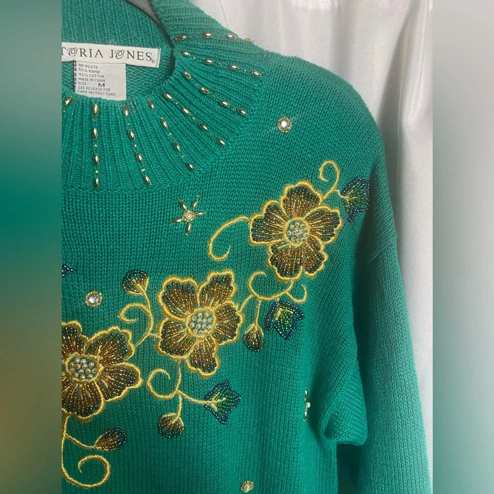 Vintage Victoria Jones’s Women’s Sweater Size M Teal Floral Embroidered Beaded - Image 3