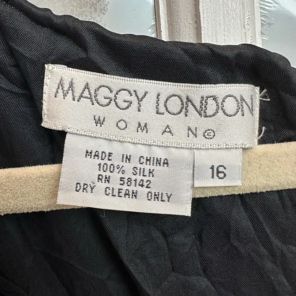 Vintage Maggy London 100% Silk Y2K Black Midi Dress Women’s Size 16 Flawed Gem - Image 9