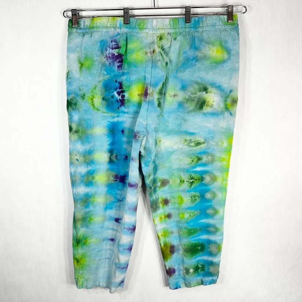 HM XL Pants Dreaming Blue Tie‎ Dye Handmade Blue Green Linen Cropped Pockets 689 - Image 2