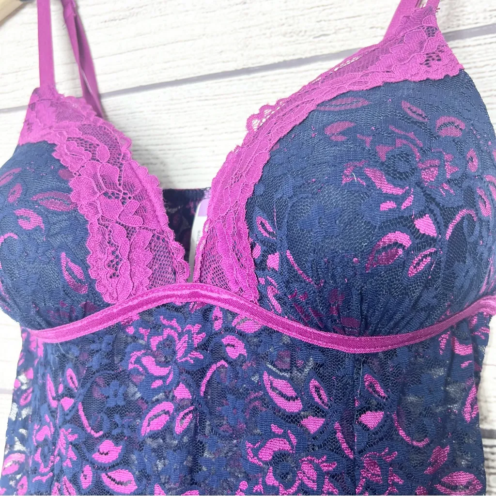 Lilac + London Blue & Purple Sheer Floral Lace Babydoll Chemise Size Medium - Image 4