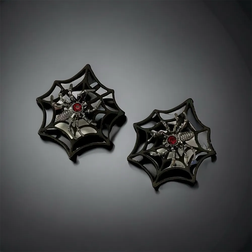 Gorgeous Retro Gothic Spider Web Stud Earrings with Ruby Color Decor Faux Fashio Black - Image 7