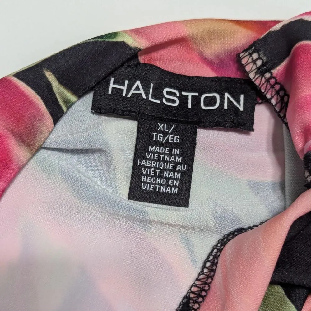 Halston Floral Printed Blouse Split Sleeve Mock Neck Short Sleeve Black Pink XL - Image 5