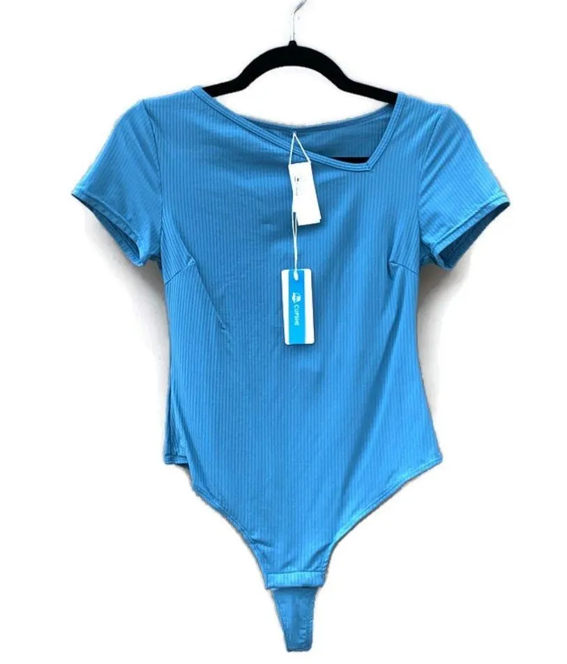 Aylin Ribbed Asymmetrical Neck Bodysuit Blue Large NWT - Image 2