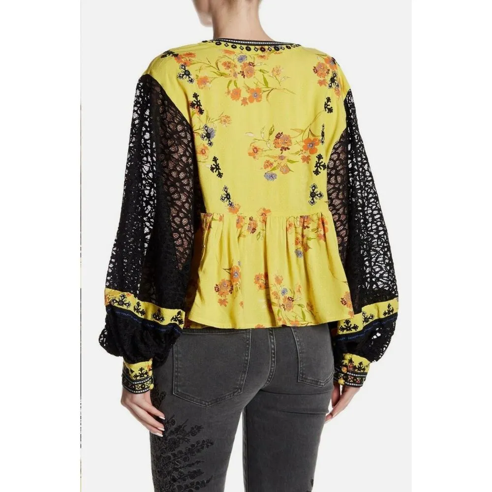 Free People NWT Boogie All Night Chartreuse Yellow Embroidered Lace Floral Top - Image 7