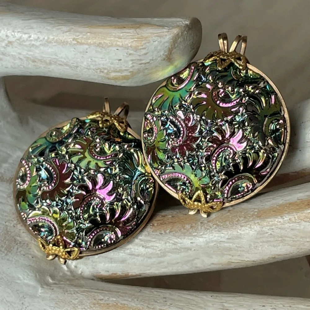 Vintage Iridescent Hillcraft Castlecraft Czech Glass Slide Earrings Green - Image 2