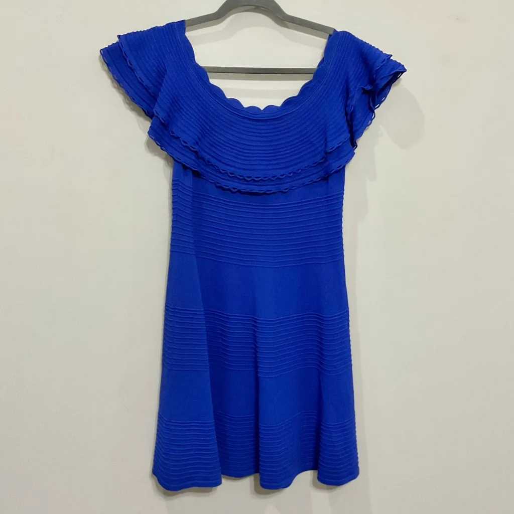 Eliza J Royal Blue Mini Dress Sz Lg Stretch Knit Ruffle Neckline - Image 2