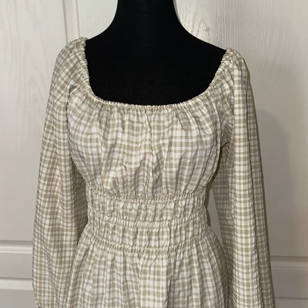LEYDEN CREAM TAN GINGHAM RUCHED DETAIL BALLOON SLEEVE WESTERN DRESS White Size M - Image 4