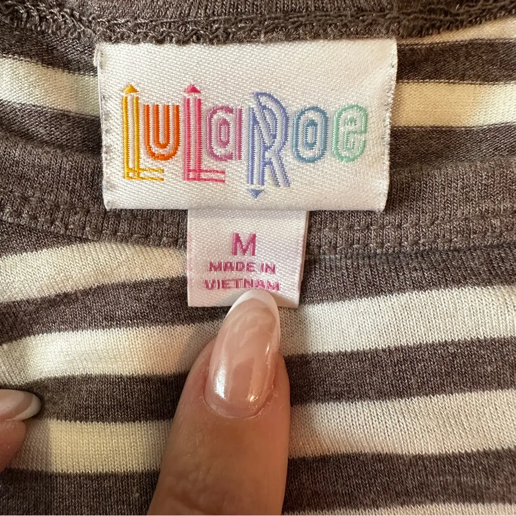 LuLaRoe Carly Striped Swing Dress Gray Brown Ivory Pocket Soft Stretch Medium - Image 13