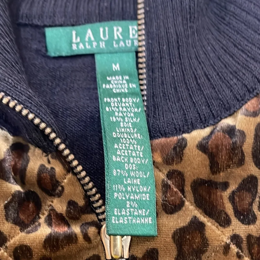 LAUREN RALPH LAUREN Sweater Cardigan Leopard Quilted Velvet Wool Black size med - Image 3