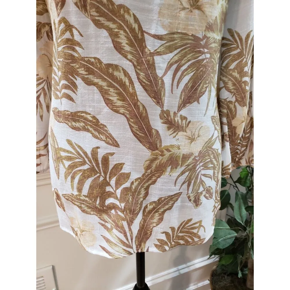 Fred David Women's Beige & Brown Rayon Round Neck Long Sleeve Top Blouse Large - Image 3