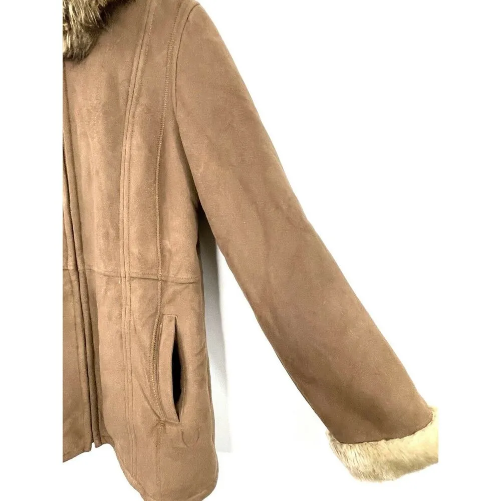 Gallery Women’s Jacket Faux Suede Leather Faux Fur Beige Size Large Hooded - Image 3