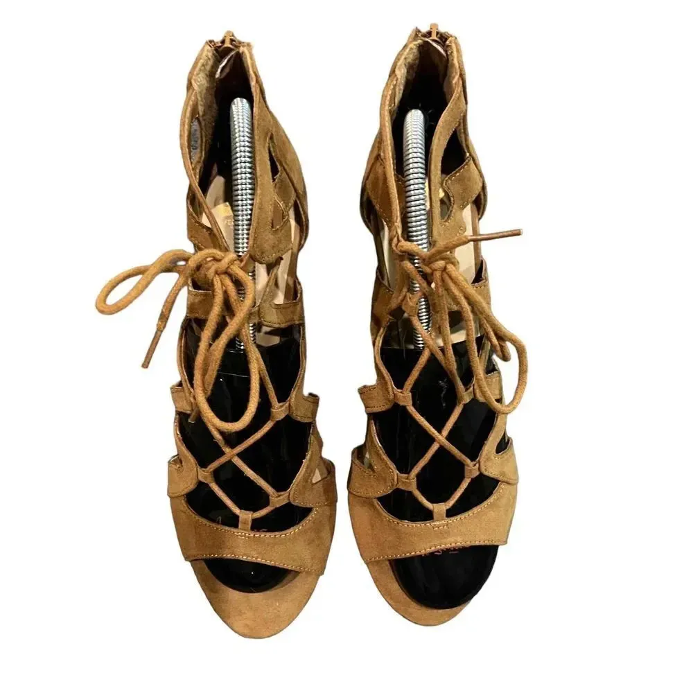 FERGALICIOUS By Fergie Suede‎ Lace-Up Cut-Out Details Peep Toe Heels Size 9.5 - Image 4