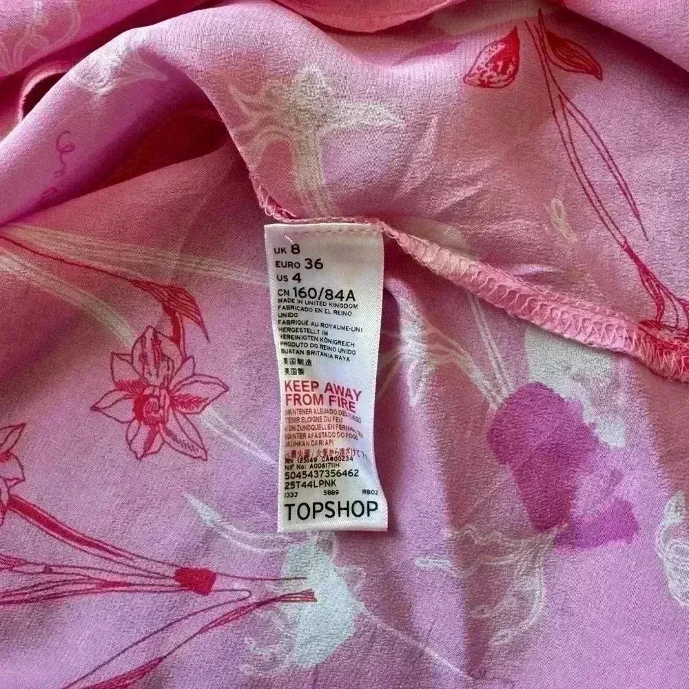 NWOT Women's Topshop Pink Long Sleeve Blouse Size 4 100% Silk Love Neck Tie - Image 6