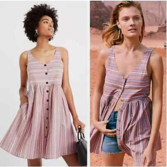 Madewell Scoopneck Tank Shirt Dress in Rainbow Stripe button down cotton size M - Image 2