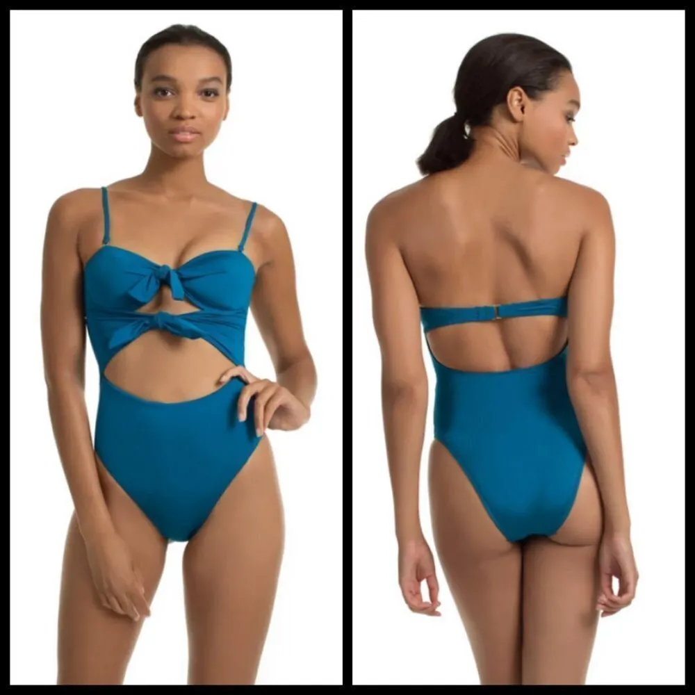 💕TRINA TURK💕 Getaway Solid Tie Bandeau One Piece Swimsuit Teal Blue 14 NWT - Image 3