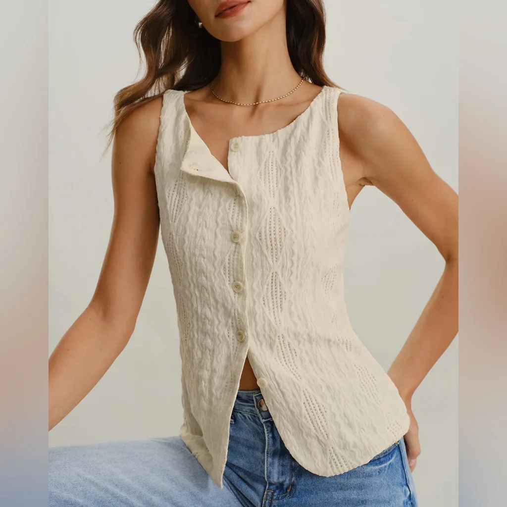 Rihoas Beige Boat Neck Button Tank Top Size M - Image 3