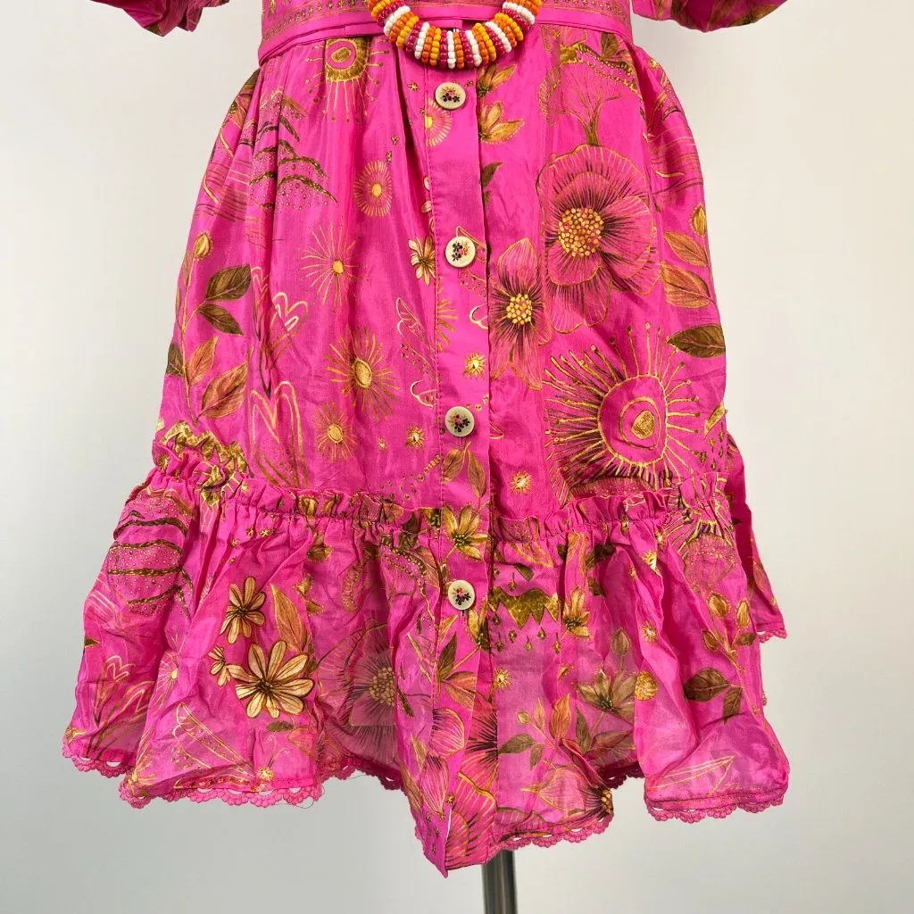 NWT Farm Rio x Anthropologie Beaded Belt Puff Sleeve Pink Mini Dress Sz SP - Image 4