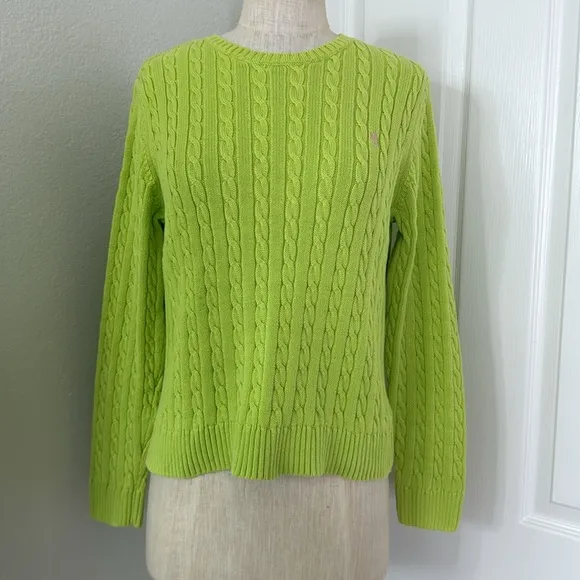 LRL cable knit lime green crew neck sweater Size M - Image 2