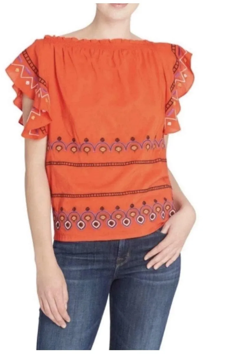 For The Republic Orange Boho Embroidered Short Sleeve Top Large Aztec Flowy NWT - Image 1