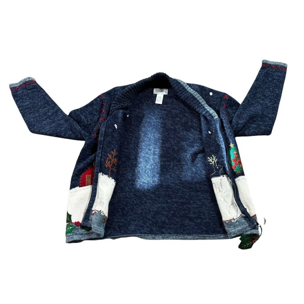 Ugly Christmas Sweater Zip Cardigan Size Medium Blue Reindeer Snow Fun Novelty - Image 7