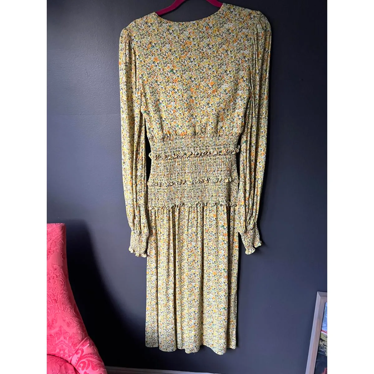 AFRM Long Sleeve Floral Midi Dress with Smocked Waist Yellow Size M - Image 2