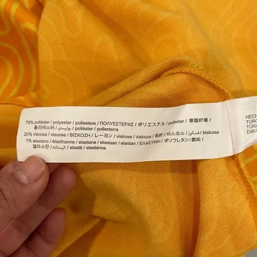 ZARA Abstract Printed Keyhole Cutout Tie High Waist Midi Skirt M Orange Yellow - Image 12