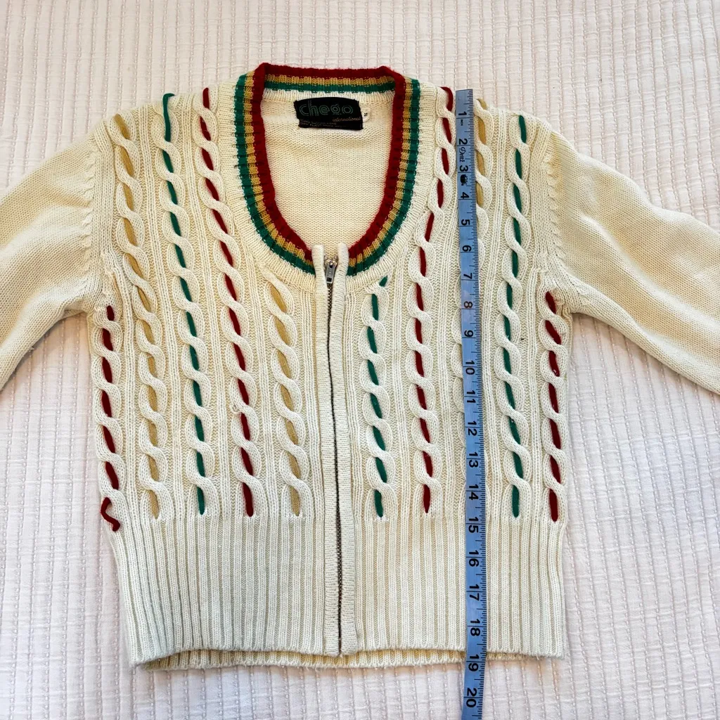 Chego International 70's Vintage Cream Cable Knit Zip Up Women's Sweater Size S Green - Image 8