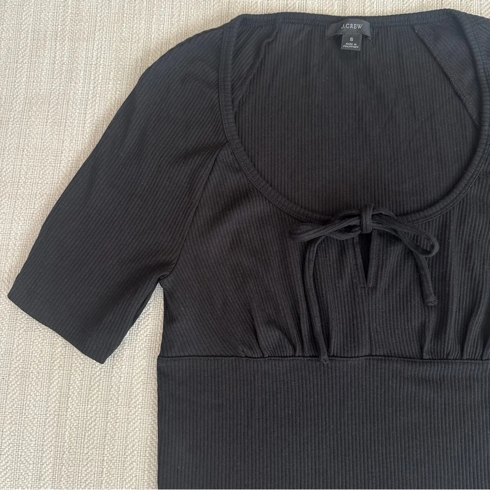 Tie-Front Vintage Rib T-Shirt in Black Scoop Neck Short Sleeve Size Small - Image 2