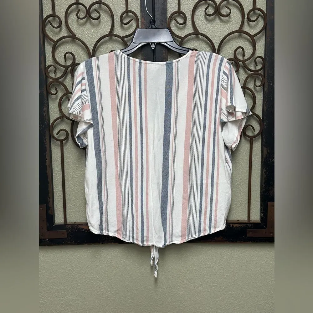 Sim & Sam button down vneck short flowy sleeves tie hem striped top - Image 2