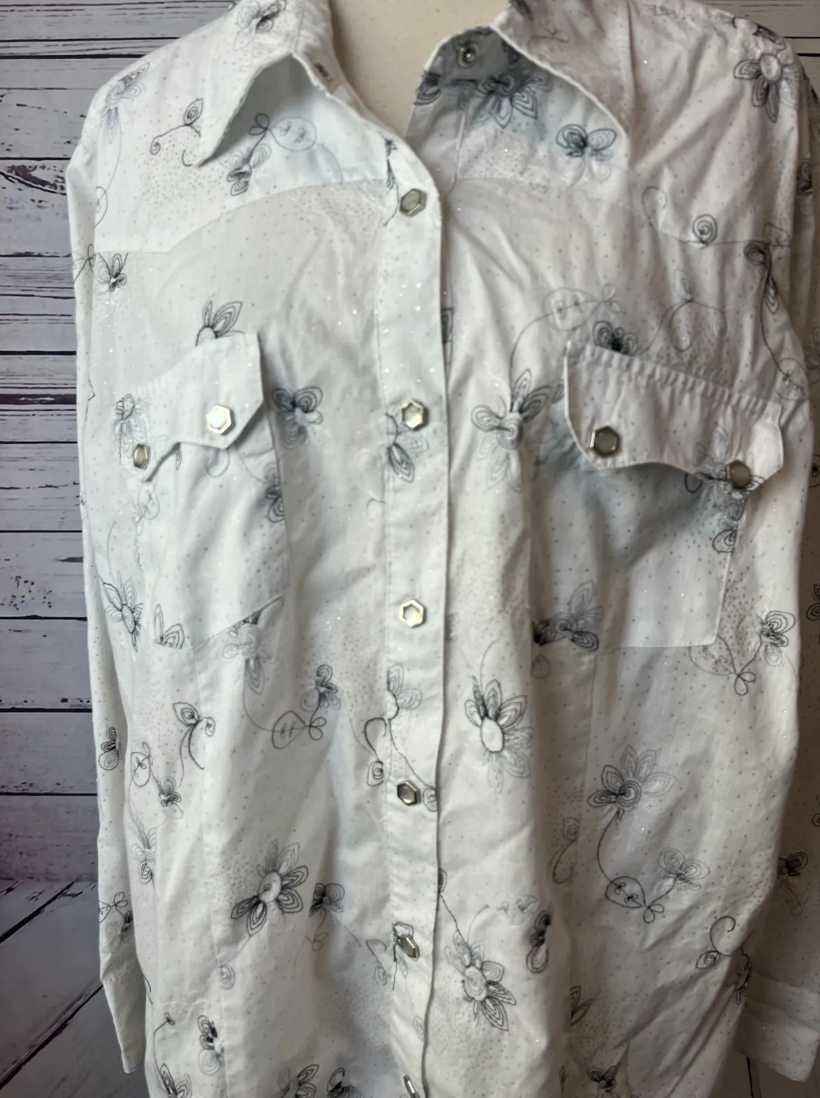 Roper Plus size 1X Western Shirt White Pearl Snap Rodeo Long Sleeve Rhinestones - Image 1