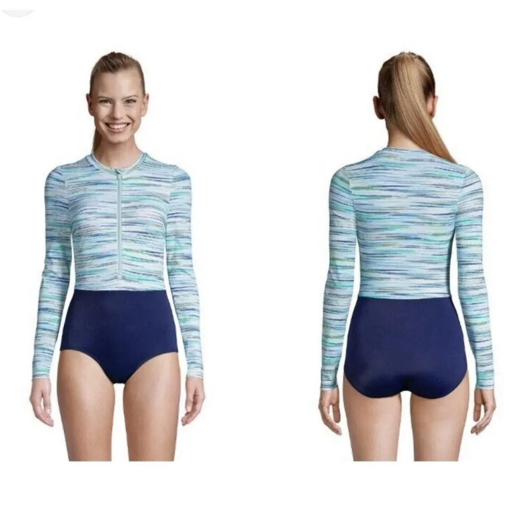 Land's End One-Piece Rash Guard Swim Sz 18 Zip Front Long Sleeve Blue Modest - Image 2