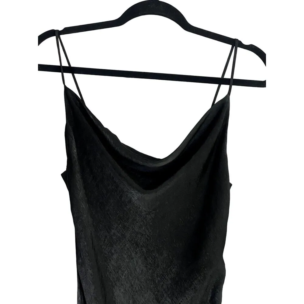 Zara Sleeveless Spaghetti Strap Ruched Draped Slit Side Midi Dress S Black 3626 - Image 3