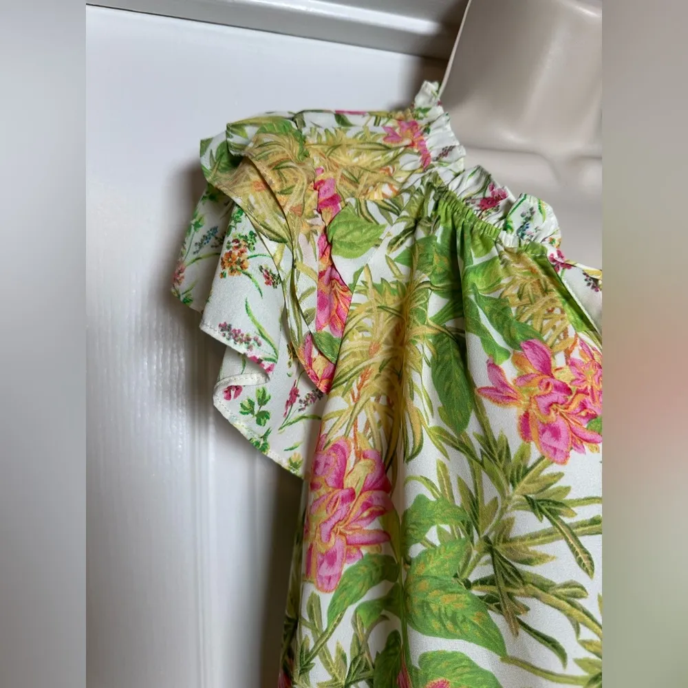 Rose & Olive Bright Tropical Floral Ruffle Cap Sleeve Women’s Top Cute Blouse S - Image 3