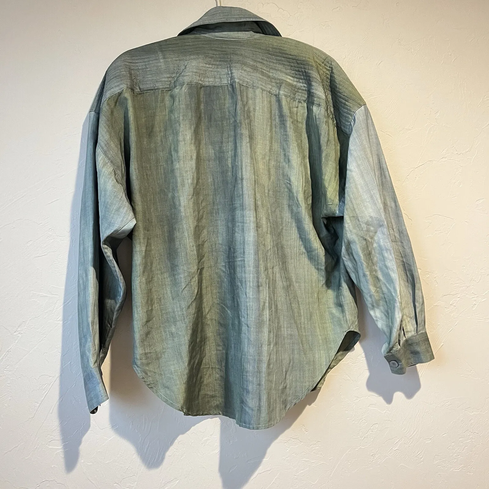 Women Vintage Silk Button Up Shirt Blouse Tie Dye Indie Green Utility Classi - Image 9