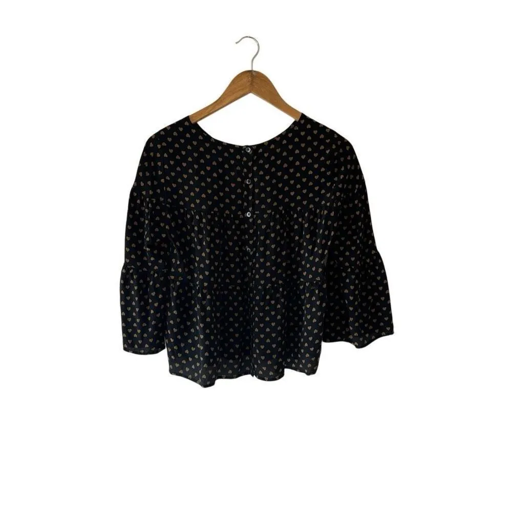 MADEWELL Silk Tiered Button-Back Top Heart Flip Black Gold 3/4 Sleeve Blouse siz - Image 7