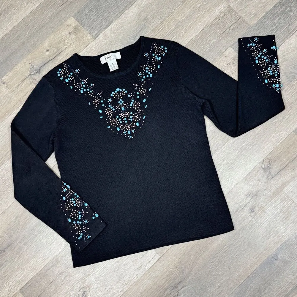 Kikit Turquoise Beaded Studs Sweater Black Medium Western Black - Image 11