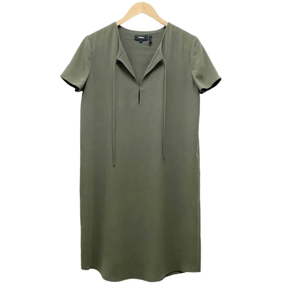 Theory Dress Women's Size 8 Keyhole Tie Shift Drapey Crepe Dress Military Green - Image 2