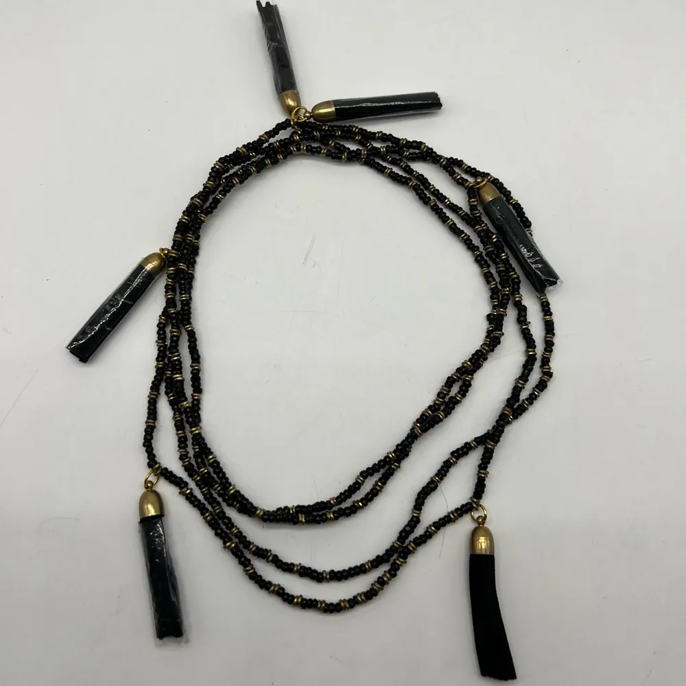 NEW black and gold beaded lariat necklace with five black tassels - Image 11