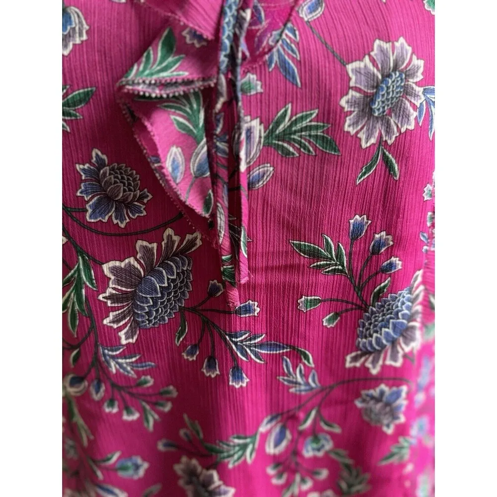 Boho Soft Ruffled Collar Color Tunic Size Large Magenta Floral Tie Neck GA - Image 5