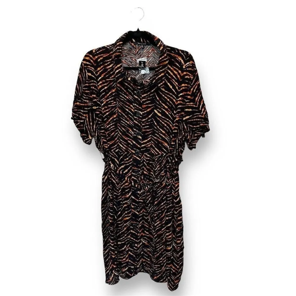 NWT New‎ Look Women's 2X Brown Animal Print Button-Up Knee Dress Short Sleeve - Image 2