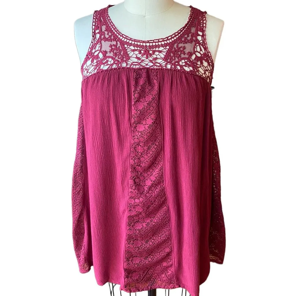 LOVE FIRE Maroon Red Boho Chic Embroidered Bohemian Sleeveless Gauze Dress SMALL - Image 2