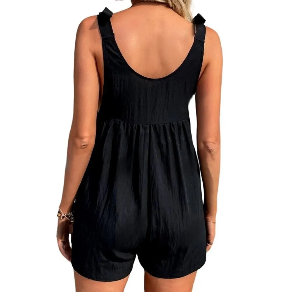 Bow Shoulder Solid Romper in Black, Size S​​​ - Image 2