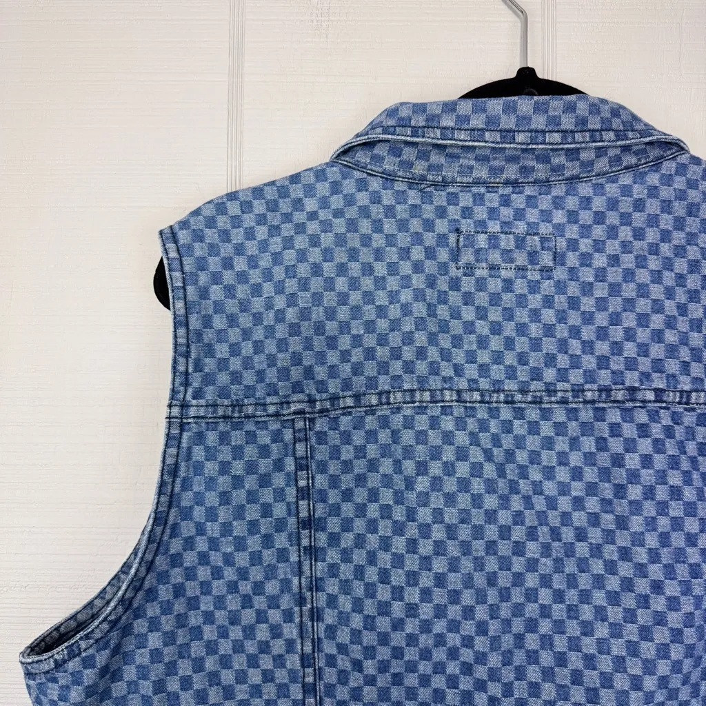 Vintage Fore Warned Checkered Denim Statement Vest Button Up Sleeveless Retro 20 Blue Size undefined - Image 4
