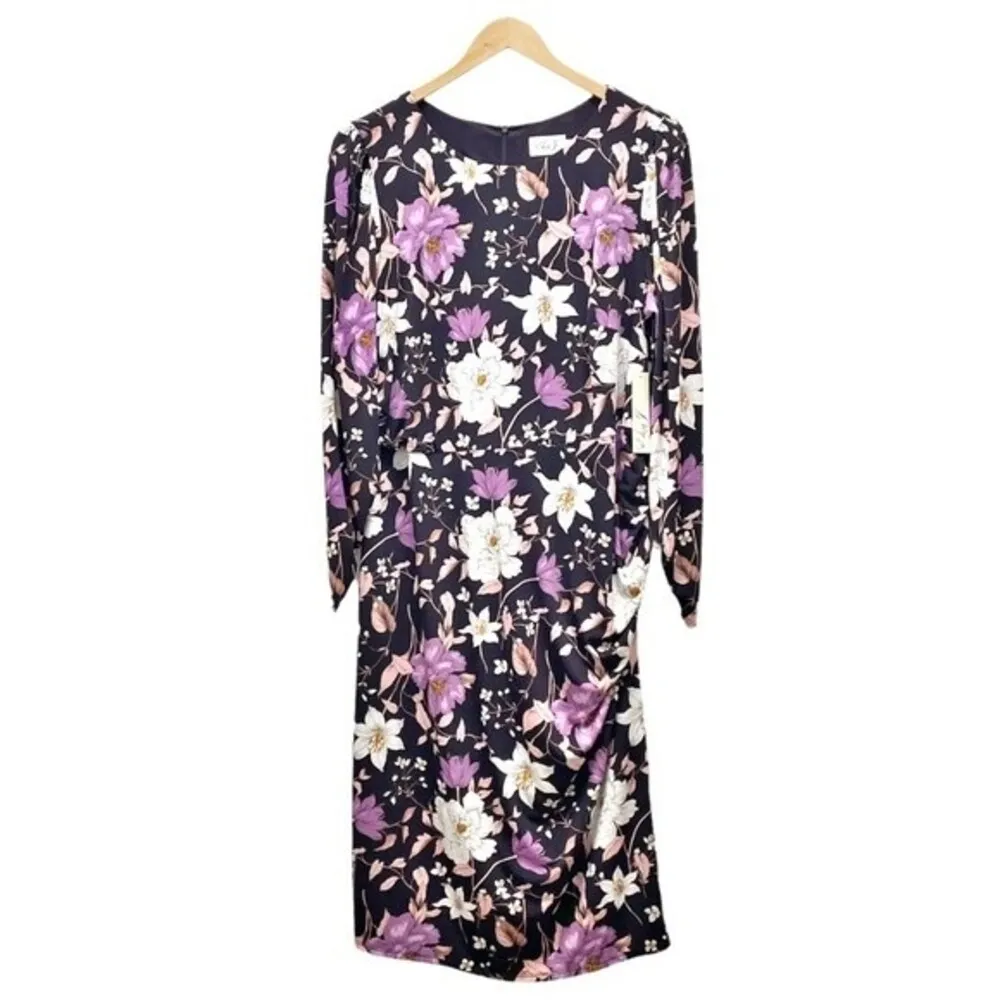 NWT Eliza J Floral Long Sleeve Shirred Midi Dress Aubergine Blooms Plus Size 20W - Image 2
